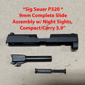 Sig Sauer P320 9mm slide assembly with night sights, compact design for carry and defense.