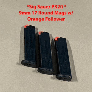 Lot of 3 Sig Sauer P320 17 round magazines with orange follower for reliable performance.