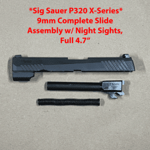 Sig Sauer P320 9mm slide assembly with barrel and night sights for precision shooting.