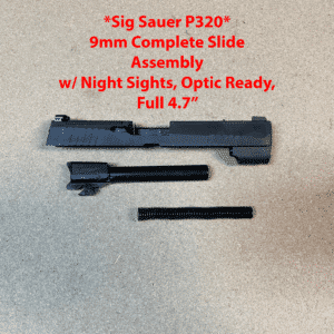 Sig Sauer P320 9mm complete slide assembly with night sights, optic ready, and 47 TCM stock.