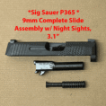 Sig Sauer P365 9mm complete slide assembly with barrel and night sights for tactical use.