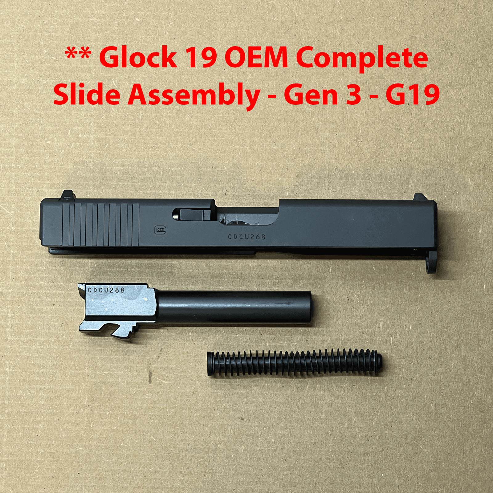 Glock 19 OEM complete slide assembly Gen 3 G19, featuring durable components for reliable performance.