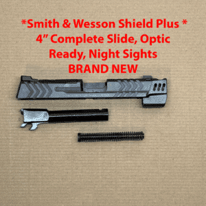 Smith & Wesson Shield Plus 4 9mm slide assembly with optic-ready barrel and recoil spring.