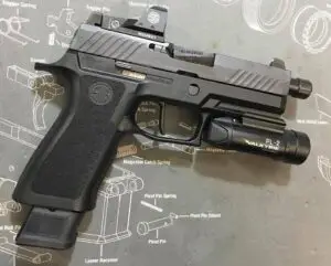 Modern semi-automatic handgun diagram with tactical features and compact design for enthusiasts.