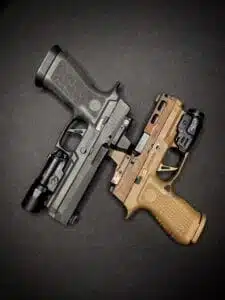 Handguns on display showcasing black and brown contrast, highlighting modern tactical designs.