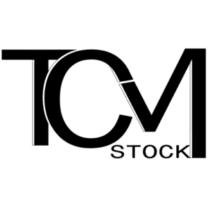 Stylized TCM logo with stock emphasis in bold black font on a transparent background.