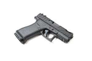 Glock 43x Handgun in sleek black finish for compact concealed carry and enhanced grip.