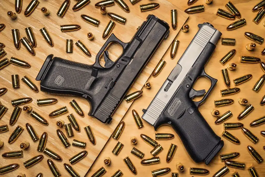 Glock 48 handguns on a wooden table with bullet casings, showcasing sleek design and functionality.