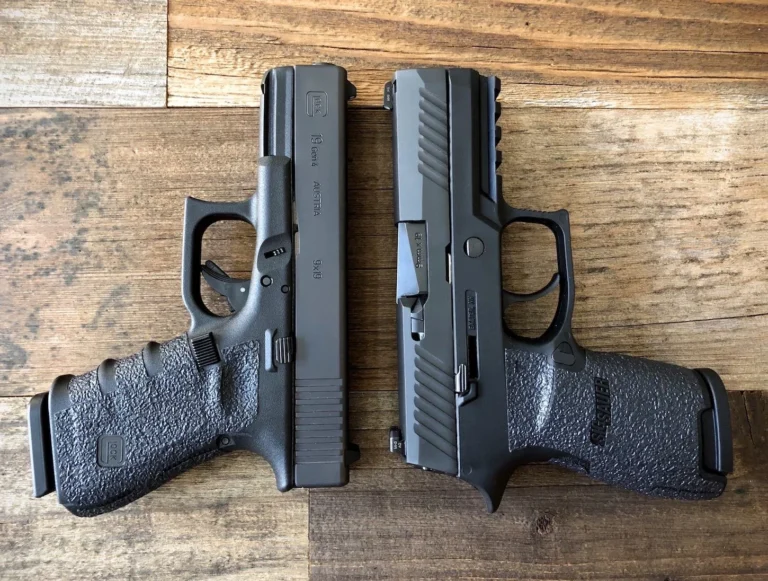 Two sleek handguns on wood, showcasing modern and classic firearm designs with tactical features.