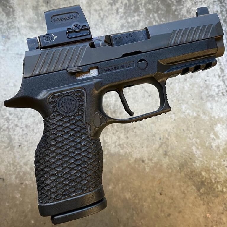 Sig Sauer P320 Compact handgun features versatile design, excellent grip, and advanced sight options.