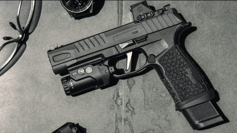 Sig Sauer P365 handgun with tactical light, ideal for everyday carry and low-light conditions.