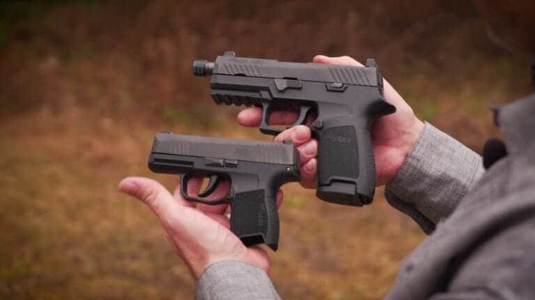 The Sig Sauer P365, a compact powerhouse for everyday carry, showcased outdoors with handguns.