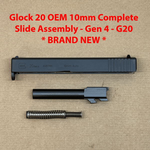 Glock 20 Gen 4 OEM 10mm Complete Slide Assembly – Includes Recoil Spring and Barrel – NEW