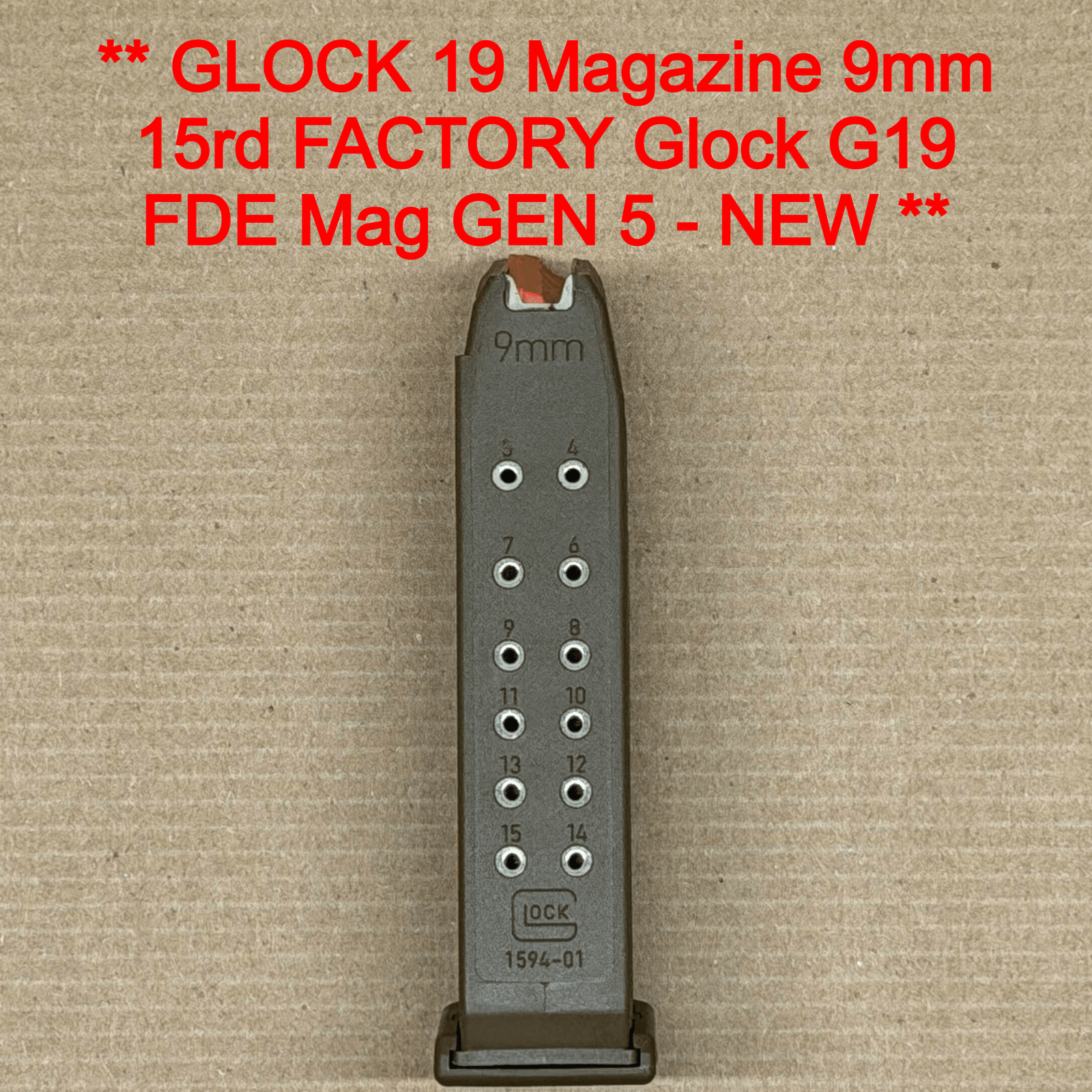 Glock 19 Gen 5 OEM 15 Round Magazine – FDE Tan Finish – 9mm Factory NEW – Glock Mag 33812